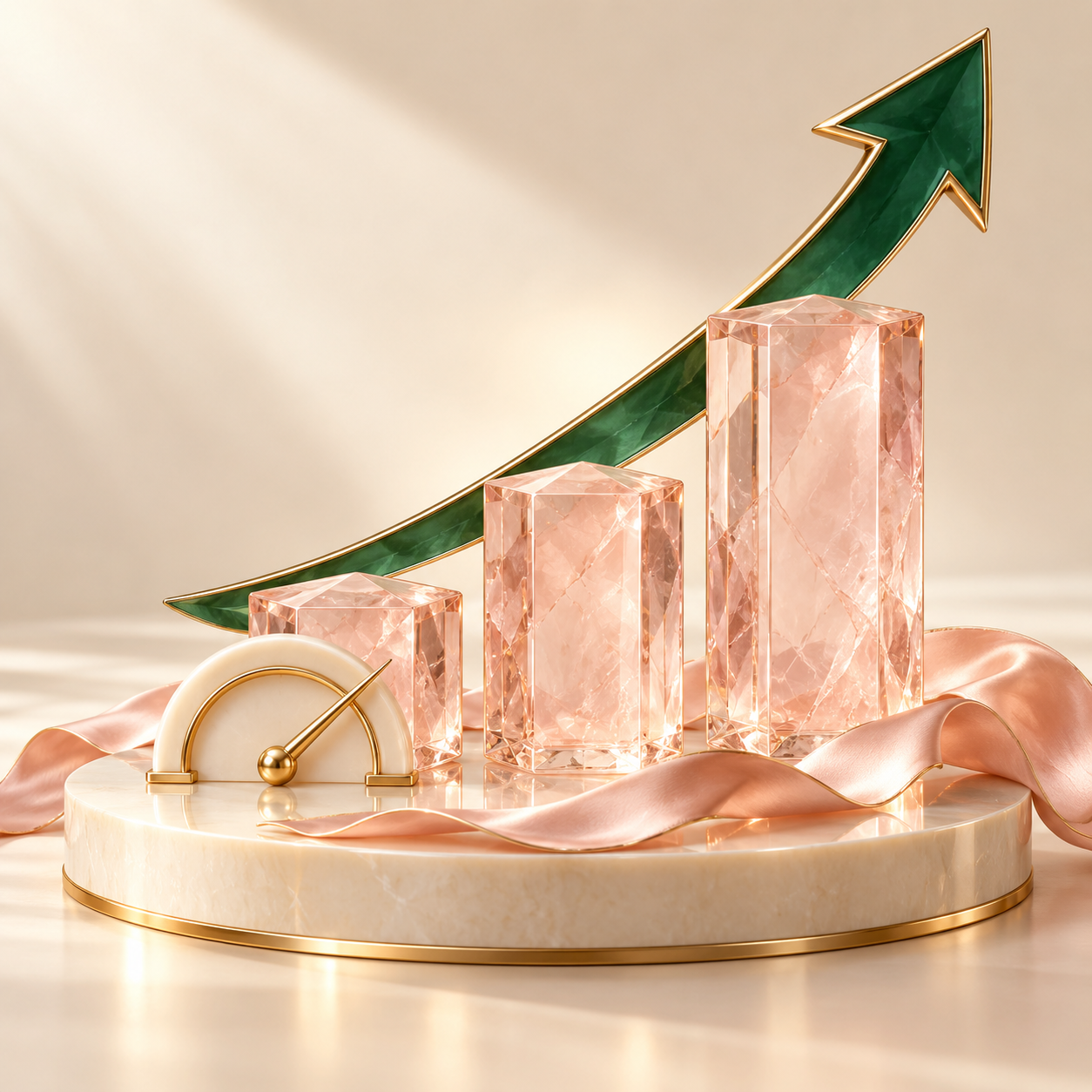 Blush crystal columns rising beneath an emerald and gold growth arrow with a sculptural pearl gauge